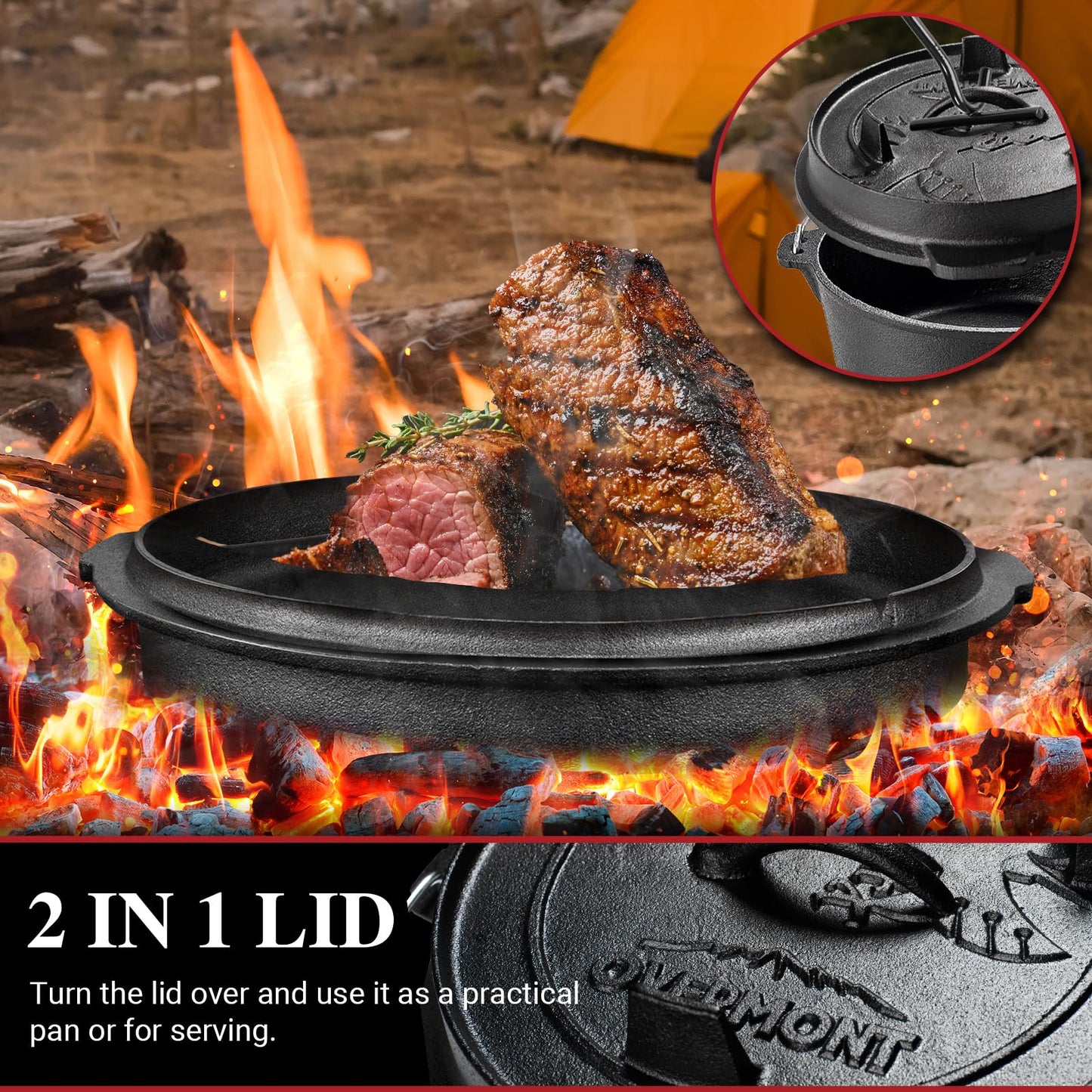 OVERMONT 5.7L/6 Quart(Pot body+lid) All-Round Dutch Oven Dual Function Lid Griddle with Lid Lifter Camping Pre Seasoned Cast Iron Pot