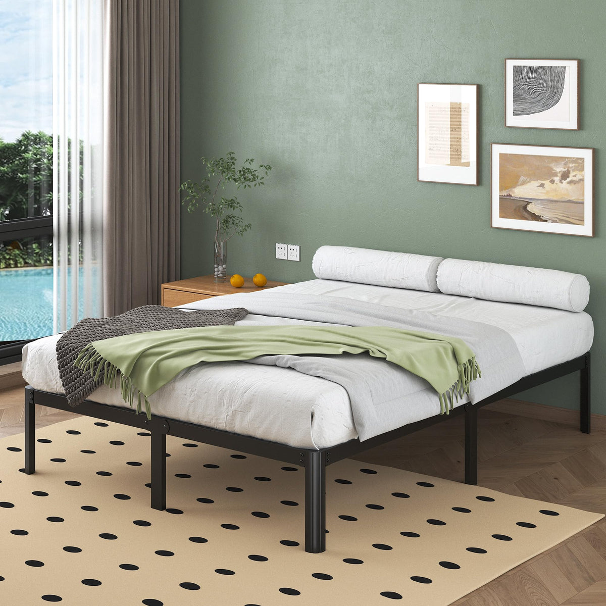 Lutown-Teen 30.5 cm High Double Bed Frame 140 x 190 with Rounded Corners, Heavy Duty Metal Bed Frames 140x190 Double with Steel Slats, Storage Space