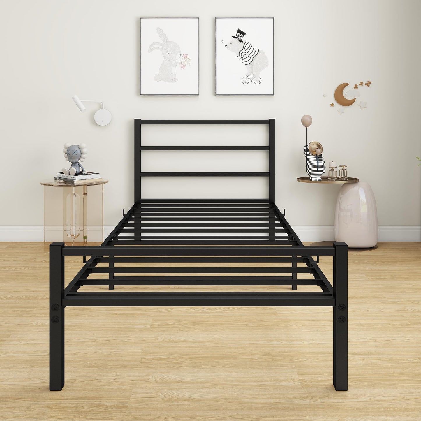 MOFLUT Single Bed Frame with Storage and Headboard and Footboard, 3ft Upholstered Metal Single Bed Frame with Slats Enhanced Support, No Box Spring