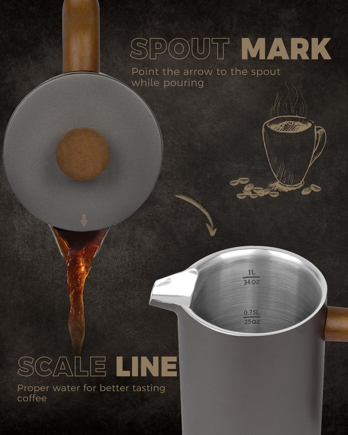 POLIVIAR Cafetiere 8 Cup, French Press Coffee Maker with Wood Handle, Double Walled Insulated Cafetiere &1 Extra Filter, Insulated 1L French Press for