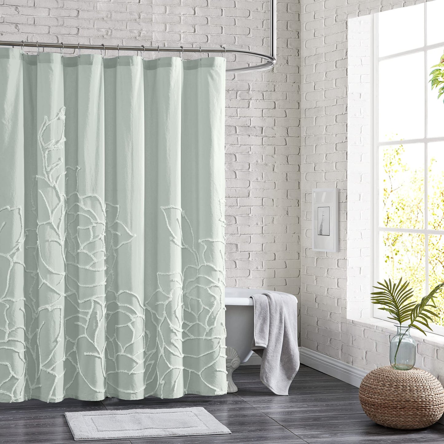 Peri Home 100% Cotton Fabric Shower Curtain for Bathroom, 72 x 72 inches, Green Chenille Rose