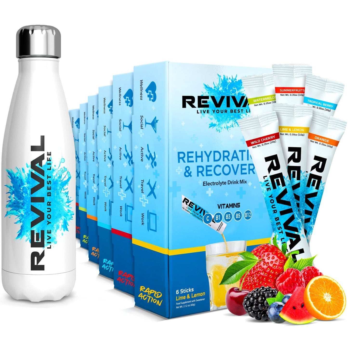Revival Rapid Rehydration Hero Pack - 500ml Steel Water Bottle With 6 x 6 Packs Electrolytes Powder Sachets - Assorted Flavours