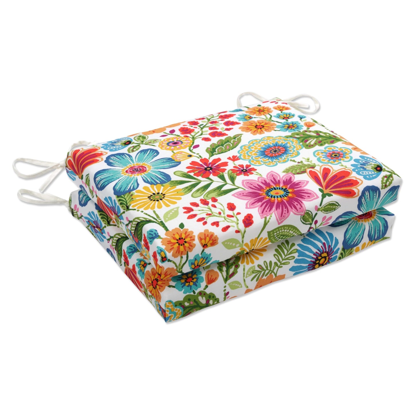 Pillow Perfect Bright Floral Indoor/Outdoor Square Corner Chair Seat Cushion with Ties, Plush Fiber Fill, Weather, and Fade Resistant, 16" x 18.5",