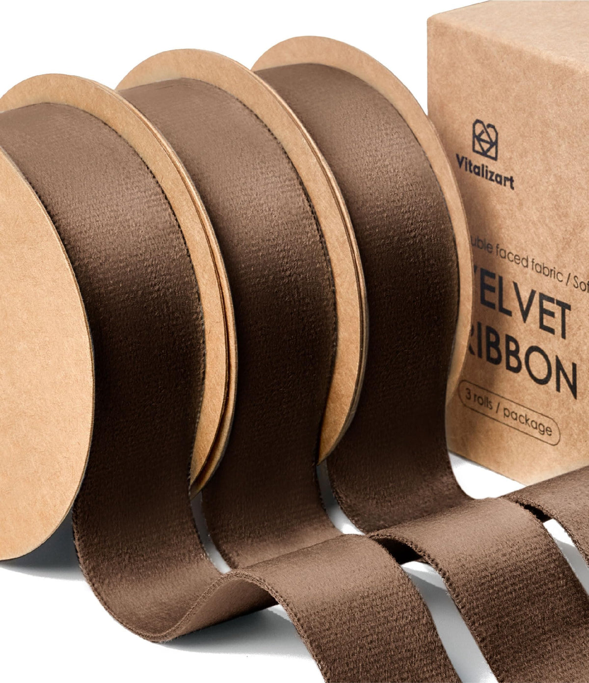 Vitalizart Dark Brown Velvet Ribbon Set 1 Inch x 15 Yards, Double Faced Velvet Ribbon for Gift Wrapping, Christmas Ornaments, Wreath Decoration, Bows