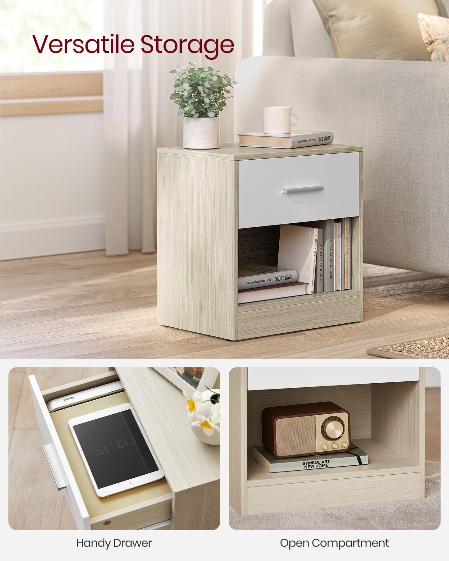 VASAGLE Bedside Tables, Set of 2, Side Table with Drawer, Handle, Open Compartment, End Table, for Bedroom, Living Room, Natural Beige and Classic