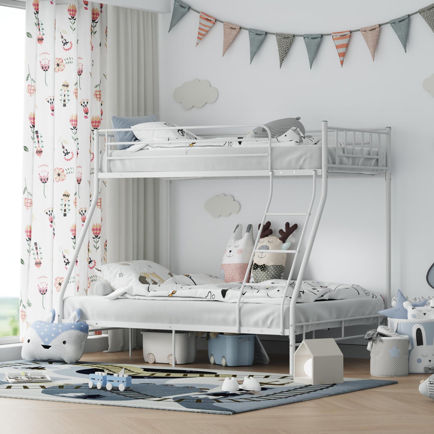 XINBEDEU Triple Bunk Bed Frame for Kids & Adults, Sturdy Metal Bunk Bed 3ft Single Over 4ft6 Double, White Metal Frame with Safety Rail for Children &