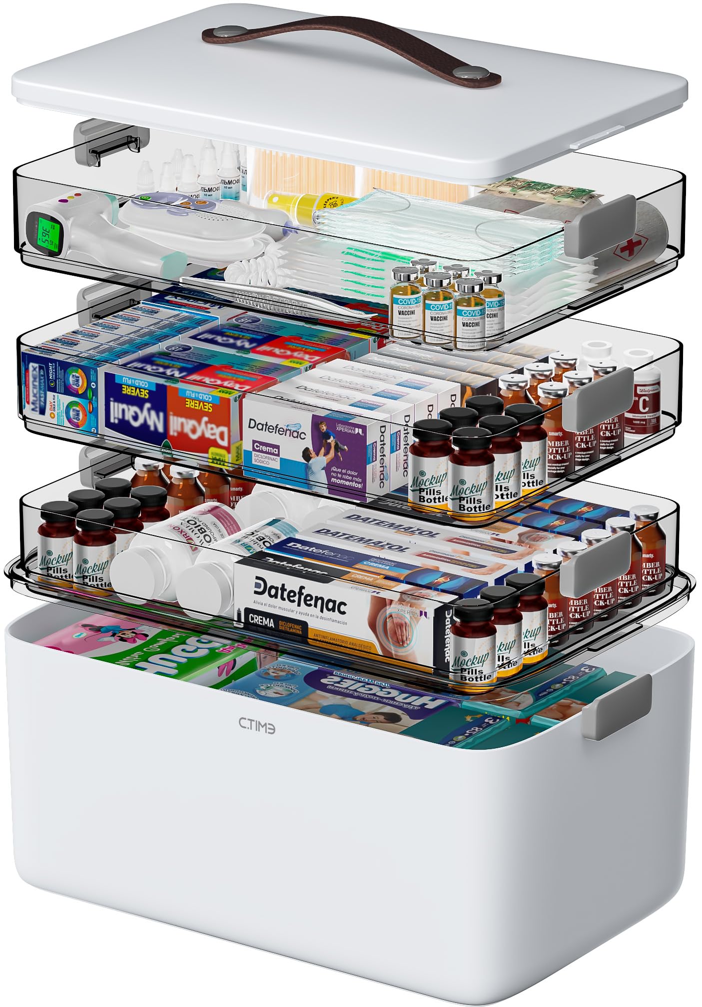 CTIME Extra Large 4 -Tier Medication Organizer - Portable with Leather Handle, Ideal for Household and Travel 14.6 x 9.6 x 12. 6 in Family First Aid