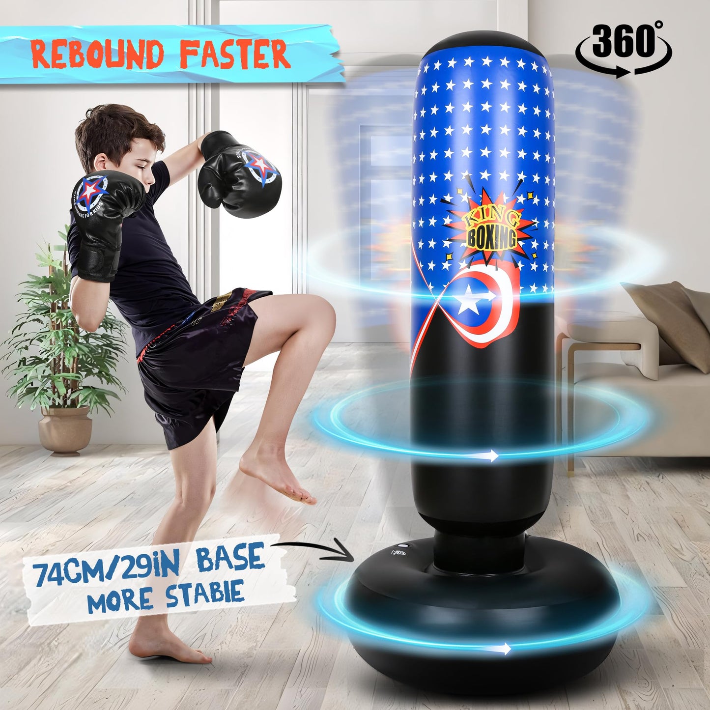 YasinKidz Punching Bag for Kids, 66 Inch Large Inflatable Kids Boxing Bag Set for Boys & Girls Age 3-14, Free Standing Punch Bag with Boxing Gloves