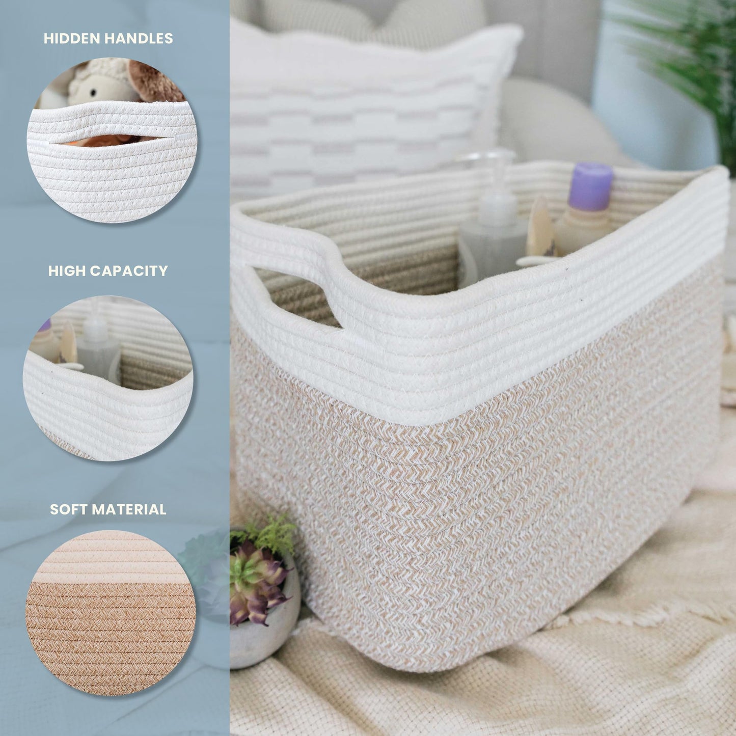 OrganiHaus 3-Pack White Storage Baskets for Shelves, Cotton Rope Basket for Towel Storage, Bathroom Baskets & Bins