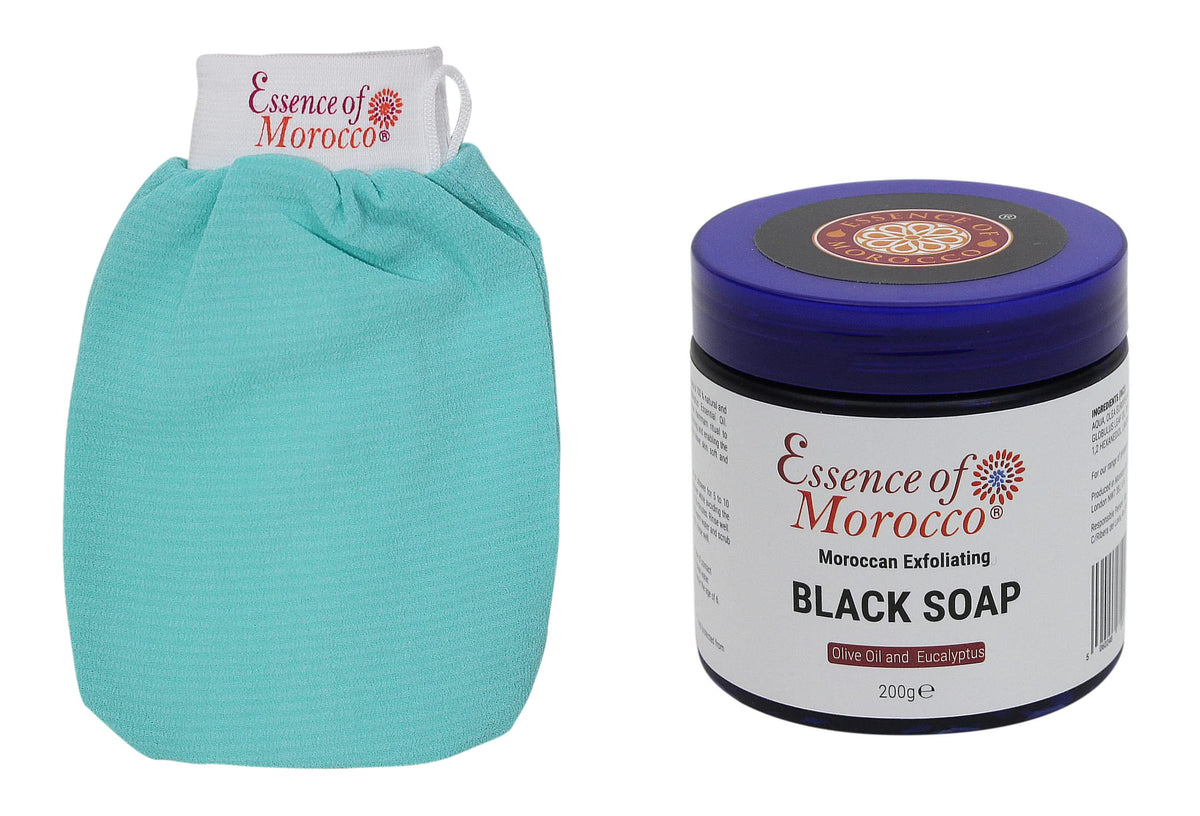 Moroccan Exfoliating Kessa Glove Blue Scrubbing Mitt with Natural Eucalyptus and Olive Oil Black Soap Scrub Savon Noir 200g / 7 OZ Helps Cleanse Skin