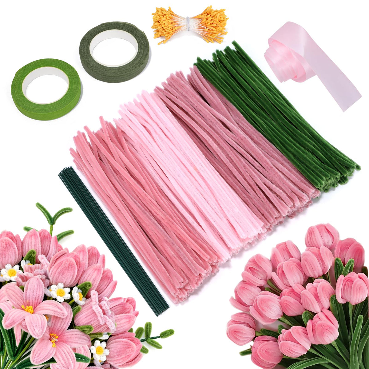 Pipe Cleaners for Craft 300PCS, 30cm Long Super Flexible Fluffy Craft Set with Flower Stems & Florist Tape, Pink and Green Pipecleaners for DIY Floral