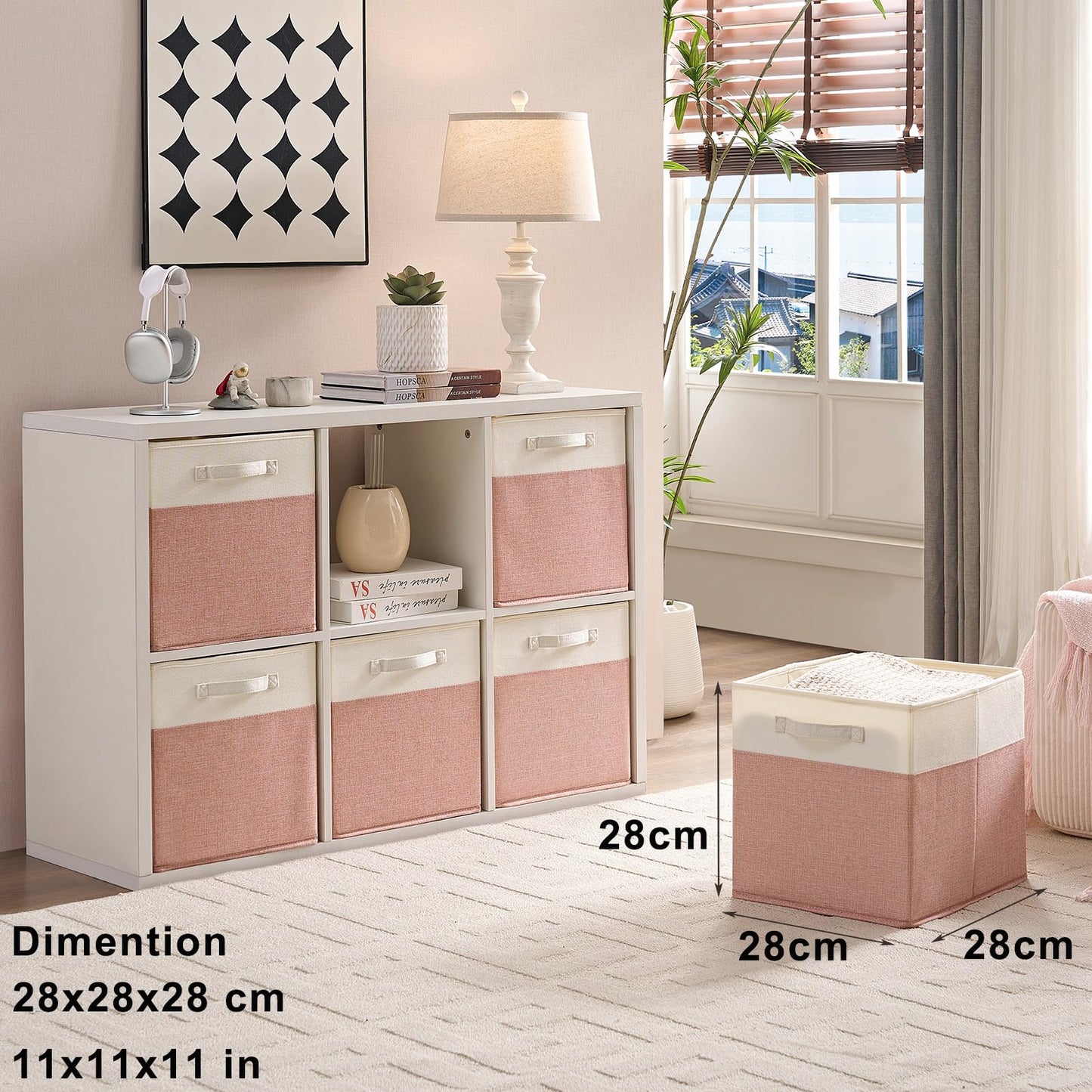 Mangata Cube Storage Boxes 28x28x28 cm, Fabric Storage Cube Baskets for Clothes Bins, Baskets, Chests,Toys (Pink/Cream White, 4Pcs)
