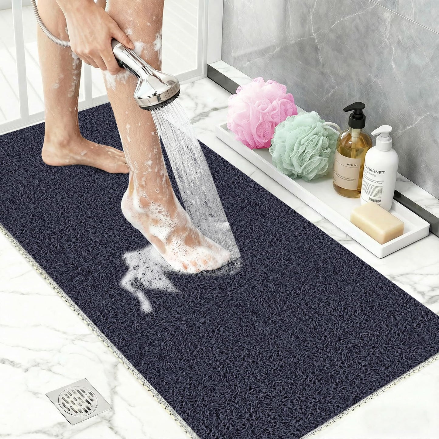 BLESWIN Shower Mat Non Slip 40x80CM, Anti Mould Shower Quick Dry Mats with Drain Hole, Large Antibacterial PVC Bath Mat for Inside Shower