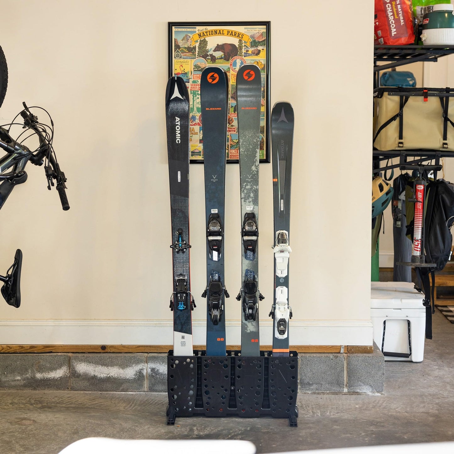 StoreYourBoard Ski Storage Rack, 4 Pair Freestanding Skis Floor Mount, Wide Skis