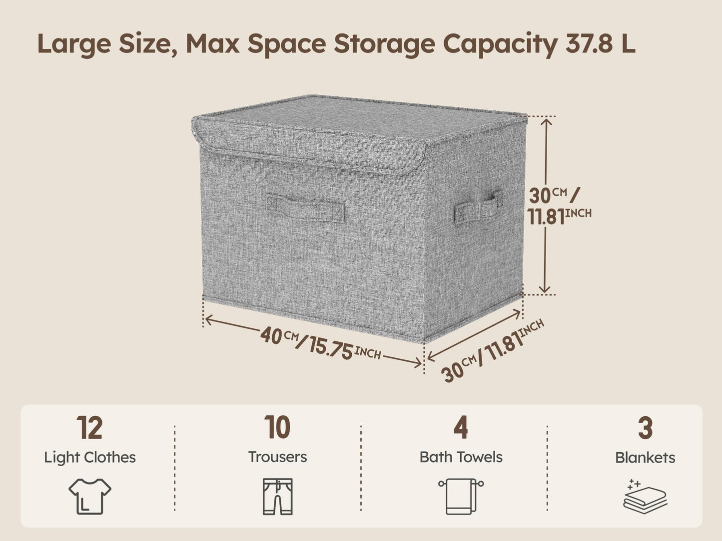 37.8L Stackable Storage Boxes with Lids Linen Clothes Wardrobe Organiser