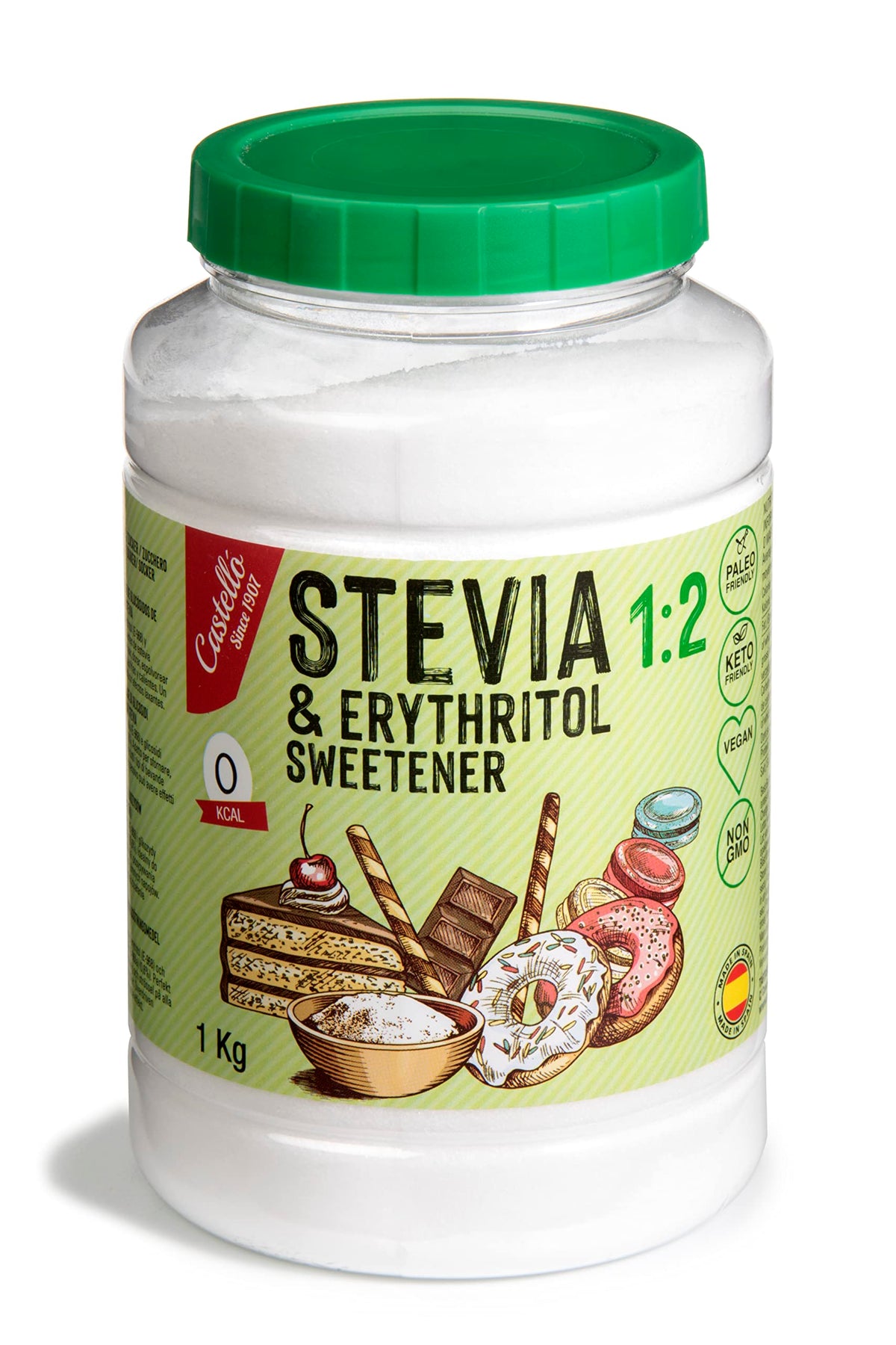 Castello since 1907 Stevia + Erythritol 1:2 Sweetener | 1g = 2g of sugar | 100% Natural taste Sugar Substitute - 0 Calories - 0 Glycemic Index - Keto