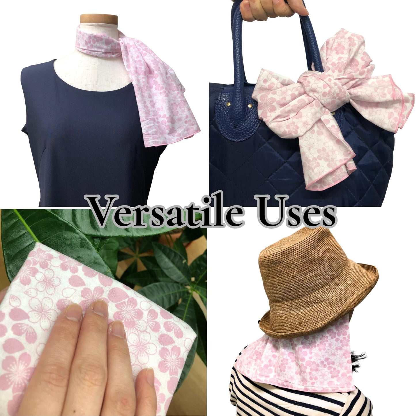 Japanese Tenugui Towel, 34.64"L x 12.99"W, Sakura & Seigaiha Navy, Set of 2