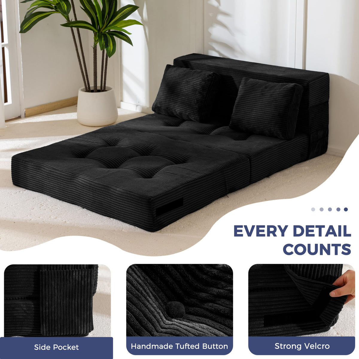 MAXYOYO Folding Foam Sofa Bed, Tri-Fold Mattress with Pillow, Convertible Sofa Chair Futon Z Bed with 15cm Thincken Foam, Portable 3 in 1 Floor Couch