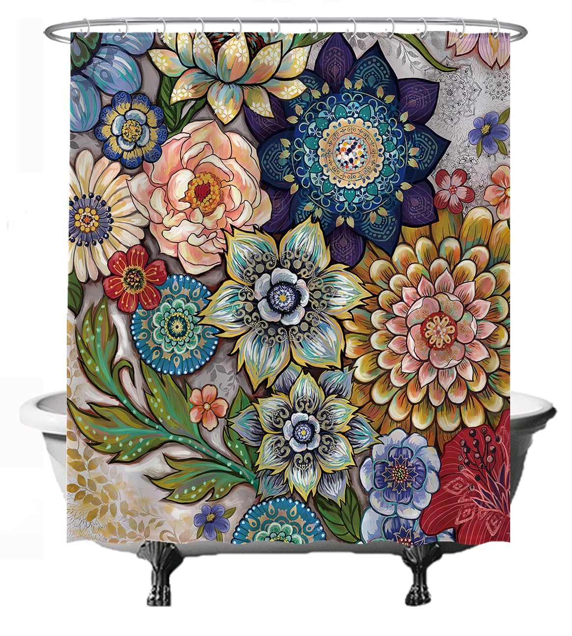 Ulticool Shower Curtain - Colourful Flowers Nature Art - 180 x 200 cm - Washable - Anti Mould - Waterproof - with 12 Rings - Red Green Blue Brown