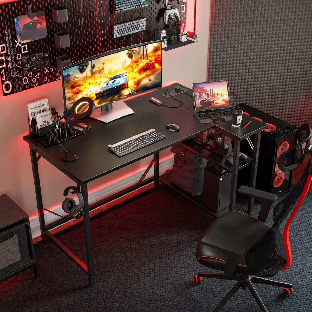 DOMSHOCT L Shaped Gaming Desk with Power Outlets, 120x70cm Corner Computer Desk with Large Reversible Shelves, Home Office Desk with Hooks for Writing