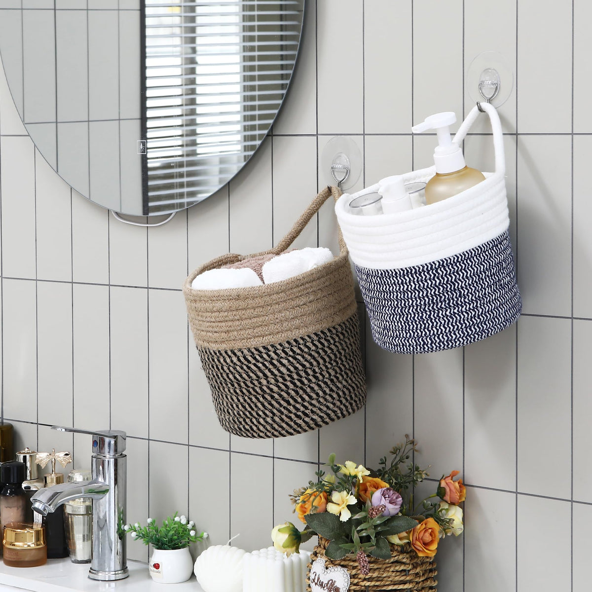 Sea Team Two Tone Woven Cotton Rope Hanging Wall Storage Basket
