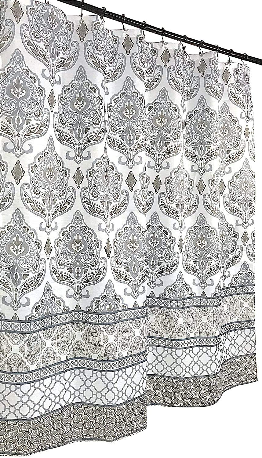 Serafina Home Grey Taupe White Fabric Shower Curtain: Floral Damask with Geometric Border Design (Darian)