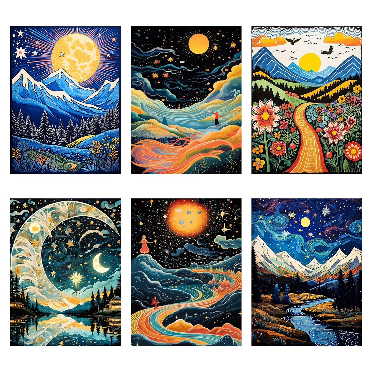 6 Pack Landscape Diamond Painting Kits for Adults Beginner,5D Full Drill Abstract Scenery Diamond Art Kits with Accessories,DIY Sun Moon Gem Art Kit