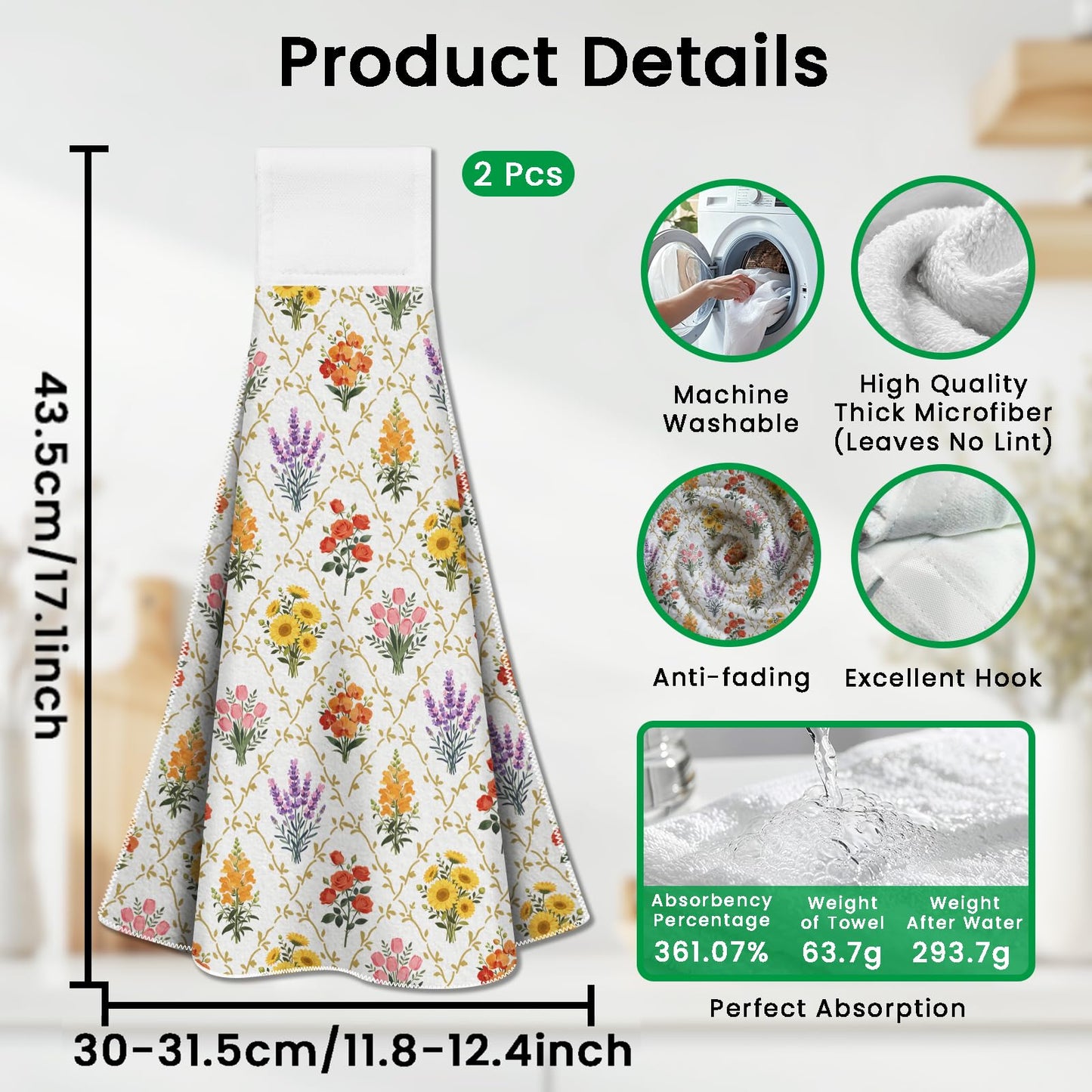 CUTHOLLOW 2 Pcs Vintage Art Floral Hanging Kitchen Towels with Loop
