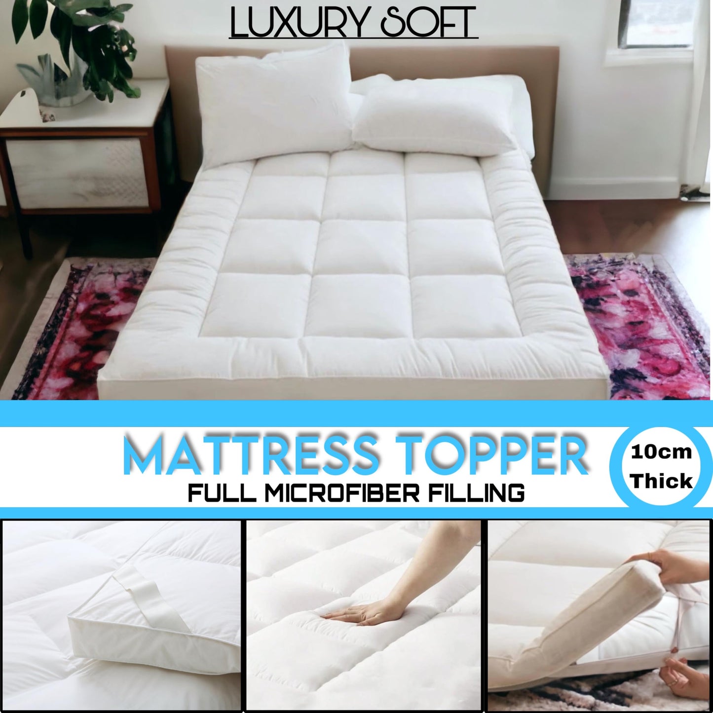 VL Mattress Topper Super King Size 10cm Thick Microfiber Quilted Fluffy and Soft Mattress Protector with Strong Corner Straps for Firm Grip WHITE