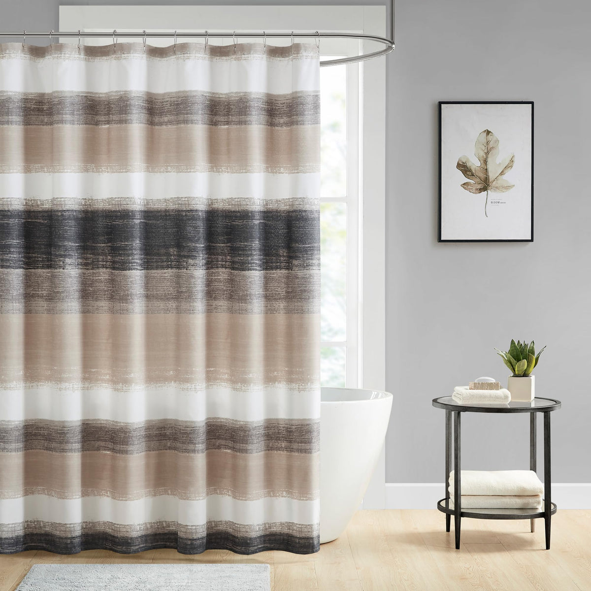 Madison Park Essentials Saben Shower Curtain, Watercolor Print Multi Taupe/Black, 72x72, Machine Washable, Microfiber Fabric, Bathroom