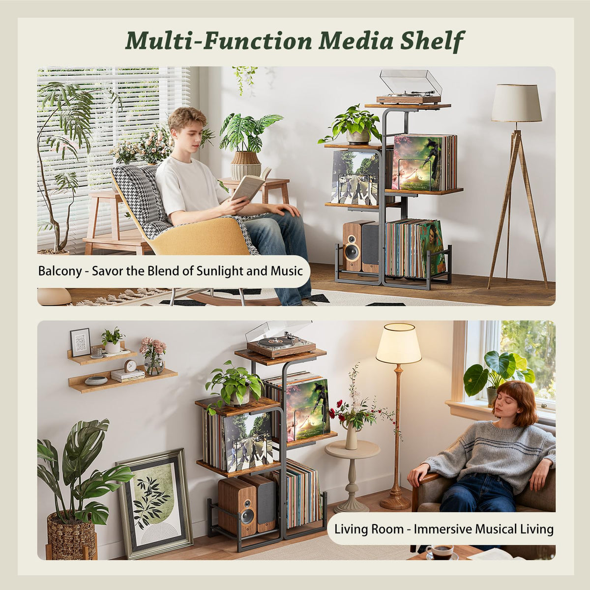 Bikoney Planter Record Player Stand with LP Vinyl Display Shelf