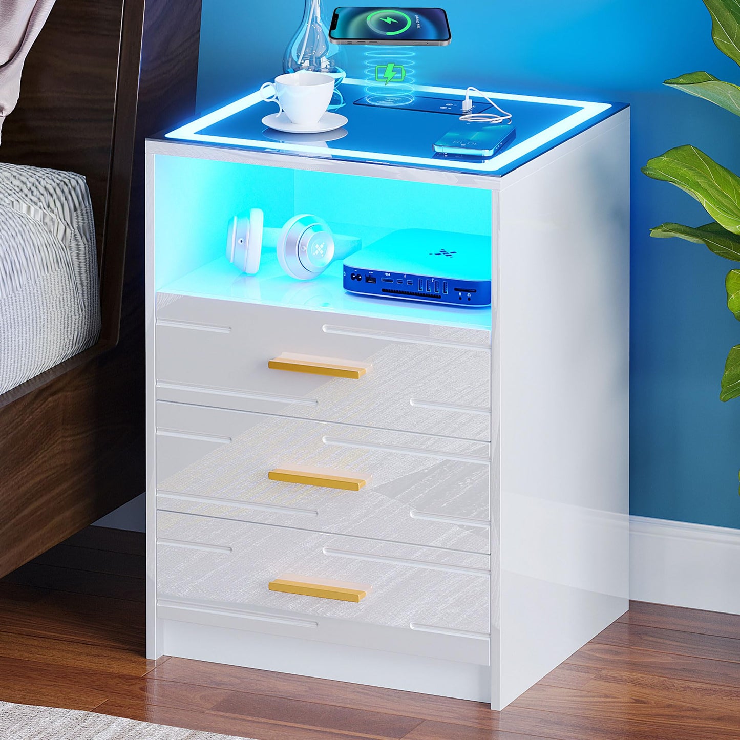 Bedside Table with Wireless Charging Station & 3 Drawers for Living Room