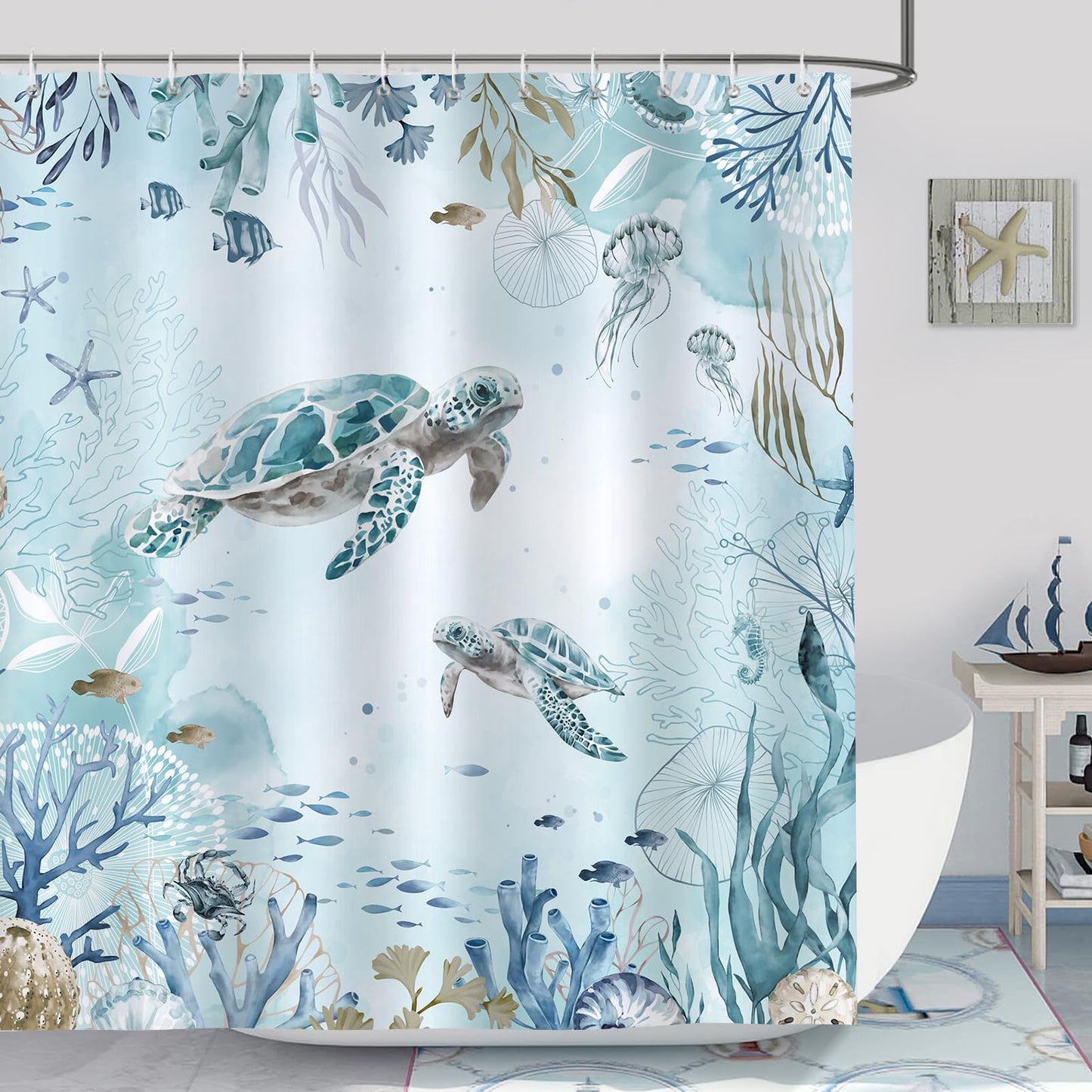 Bonhause Sea Turtle Shower Curtain Teal Blue Ocean Beach Coastal Bathroom Curtain 180 x 200 cm Waterproof Mildew & Mould Resistant Polyester Fabric