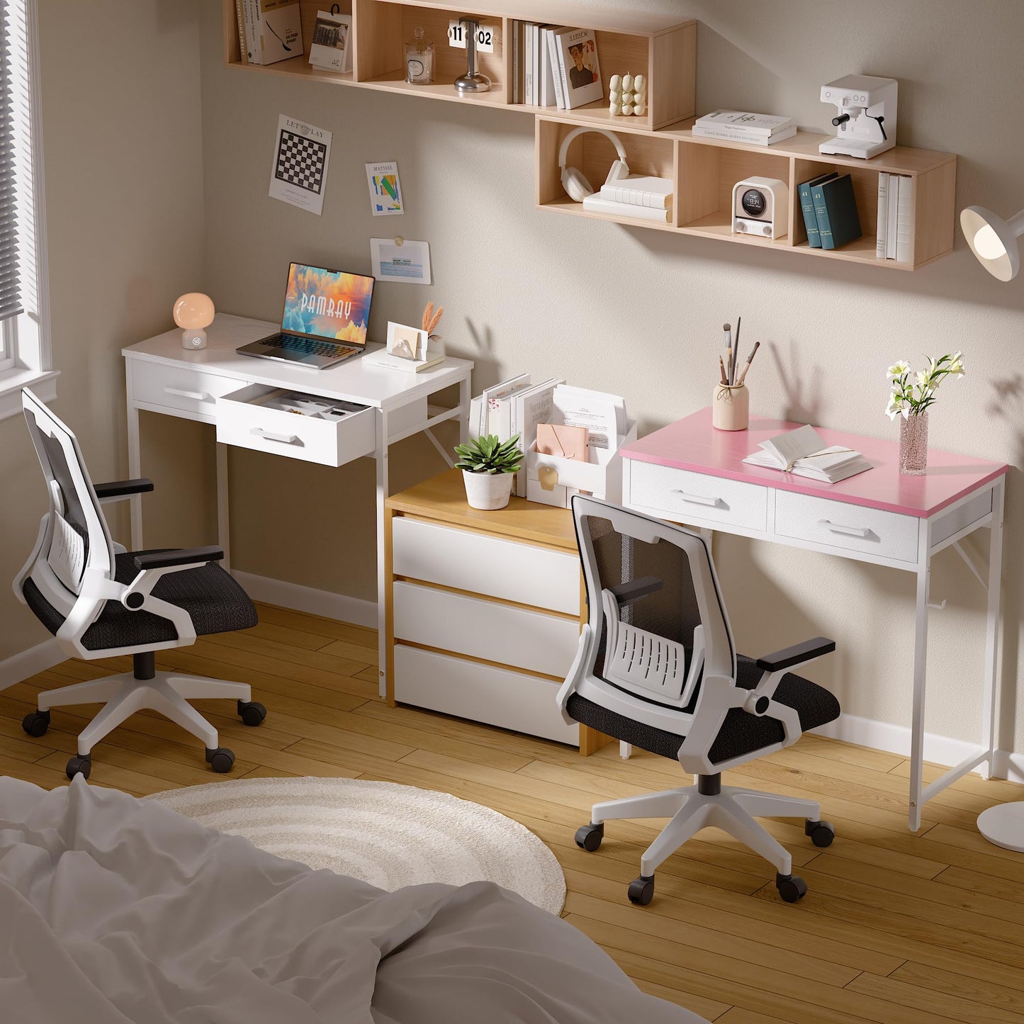 PAMRAY 80cm Small Computer Desk with 2 Drawers for Bedroom Study Writing Home Office Table for Small Spaces White