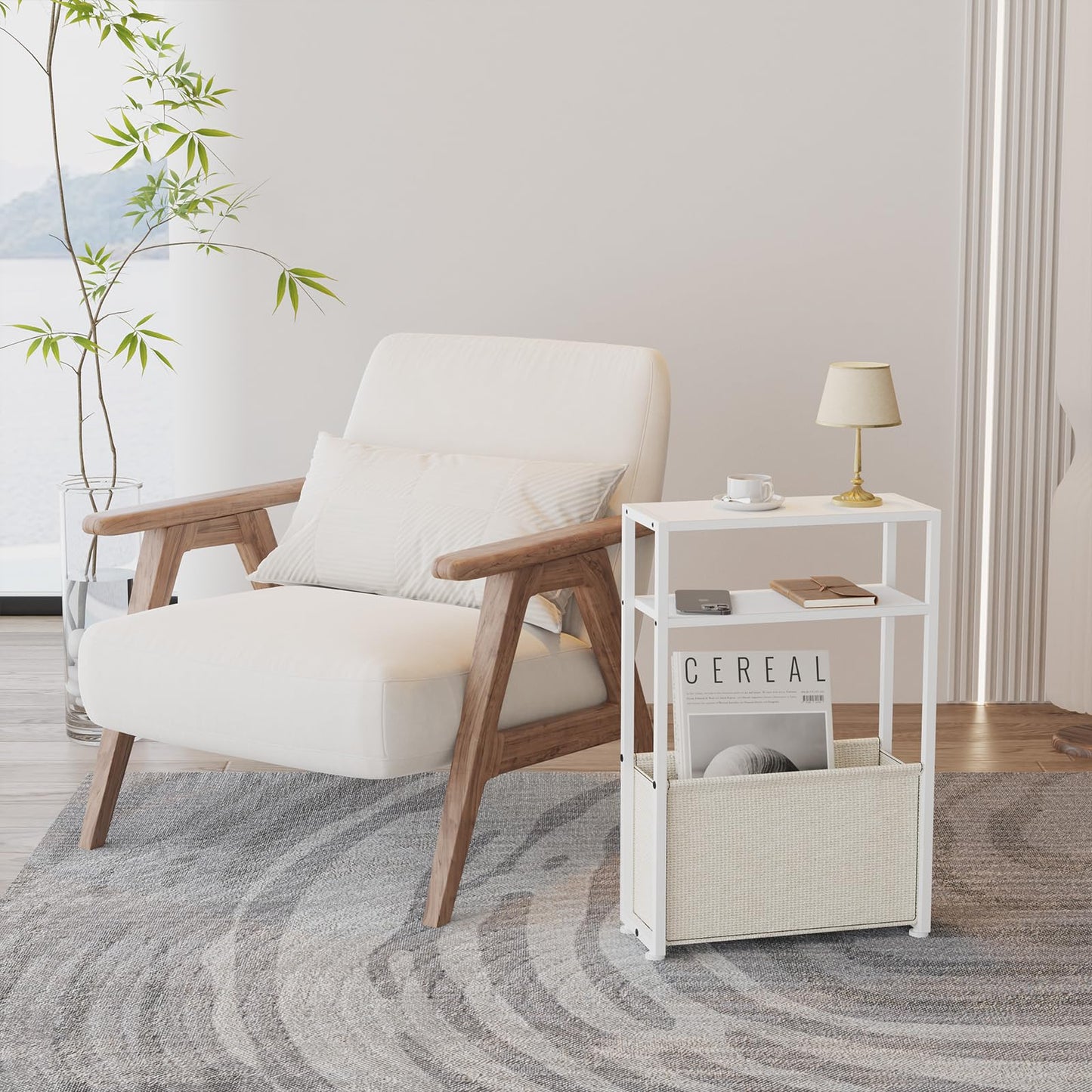 JERX Narrow Side Table with Fabric Basket, End Table for Small Spaces, Slim Side Table with Magazine Rack for Living Room Office Bedroom and Bathroom
