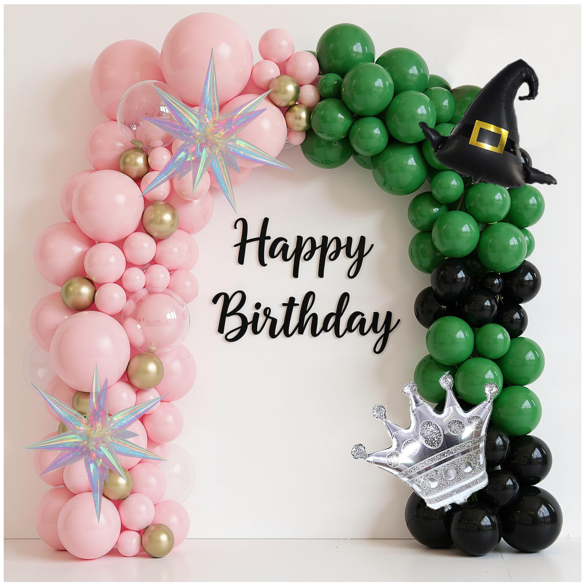 Dark Green and Pink Balloons Arch Set for Witch-Themed Party, 160Pcs Dark Green, Baby Pink, Black, Gold, Clear Bobo, Witch Hat, Crown, and Exploding