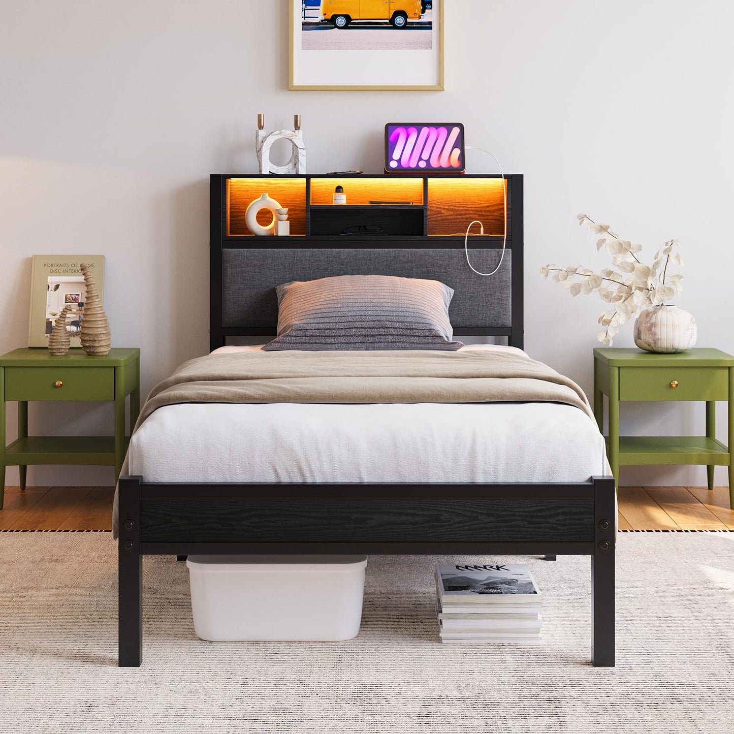 MUZERUL 3ft Single Bed Frame with Storage Shelf Upholstered Headboard, Heavy Duty Platform Bed Frame, Metal Bed with Charging Station and LED Lights