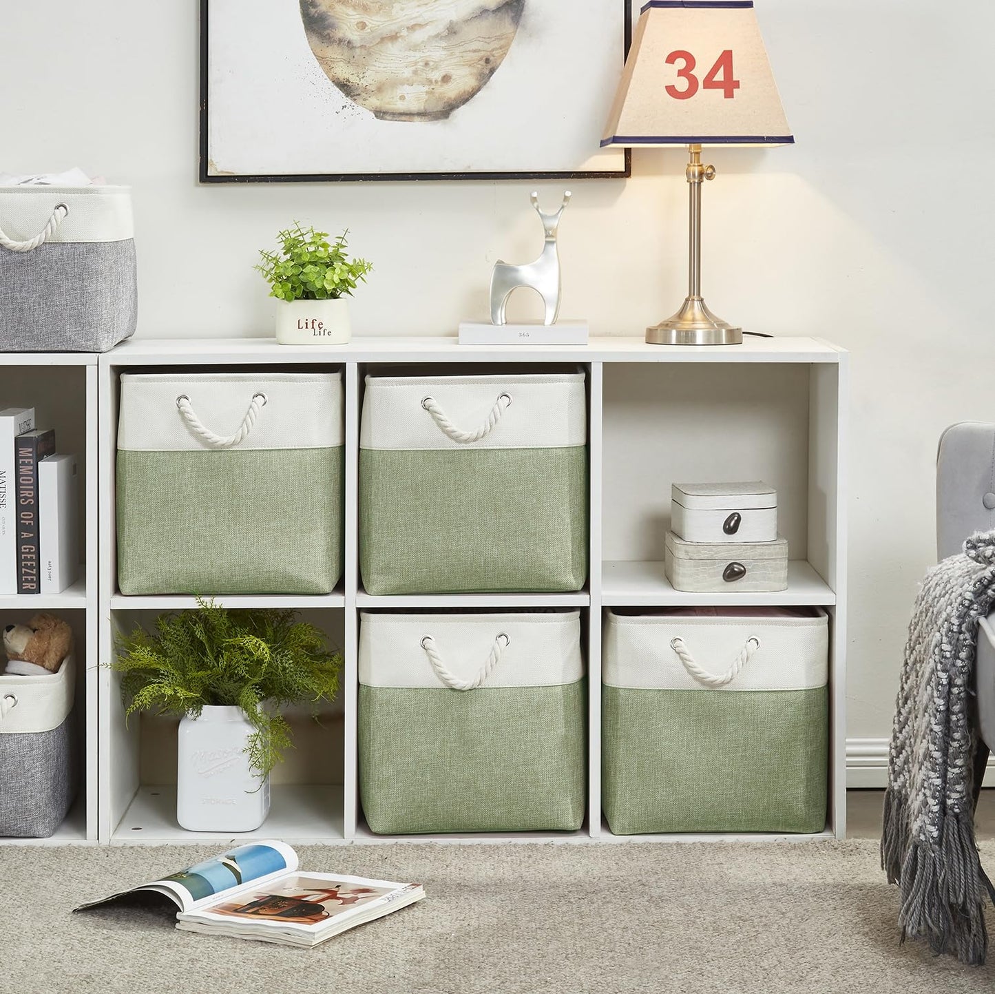 SOCOHOME Cube Storage Boxes,33x33x33cm Storage Baskets for Organizing Clothes Shelf Nursery Closet(Green/White, Set of 6)