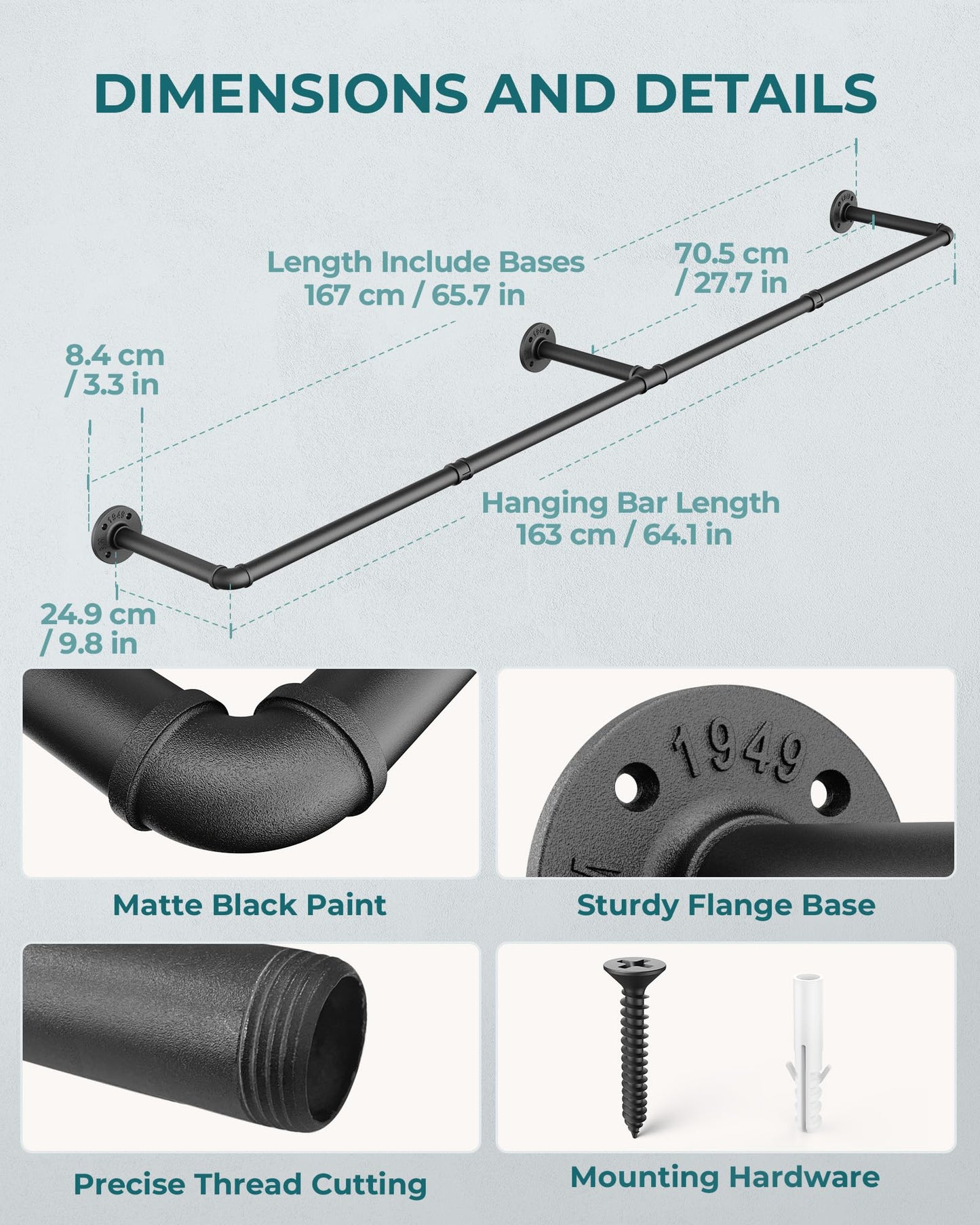 OROPY Industrial Pipe Clothes Rail, 167cm Wall Mounted Detachable Retro Metal Clothing Rail for Hanging Clothes, Heavy Duty Clothes Rail for Bedroom