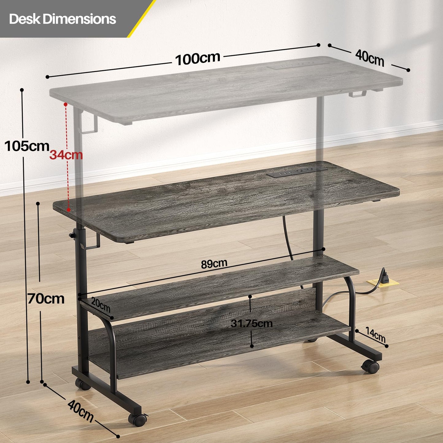 iSunirm Rolling Desk Adjustable Height Standing Desk with Power Outlets & USB Ports, Portable Desk on Wheels, Small Table for Home Office