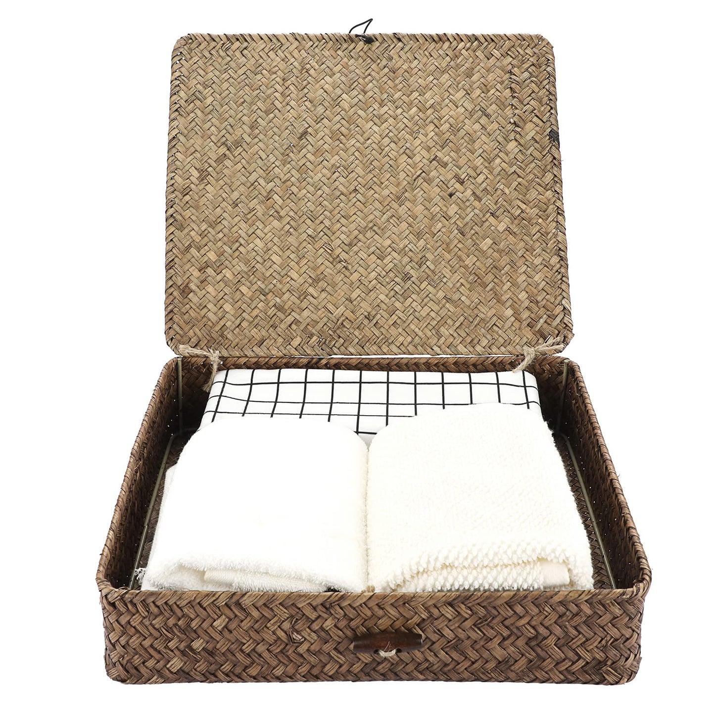 Sumnacon Set of 2 Seagrass Storage Basket Handmade Weave Hamper Wicker Box Chest with Lid & Lock (Coffee)