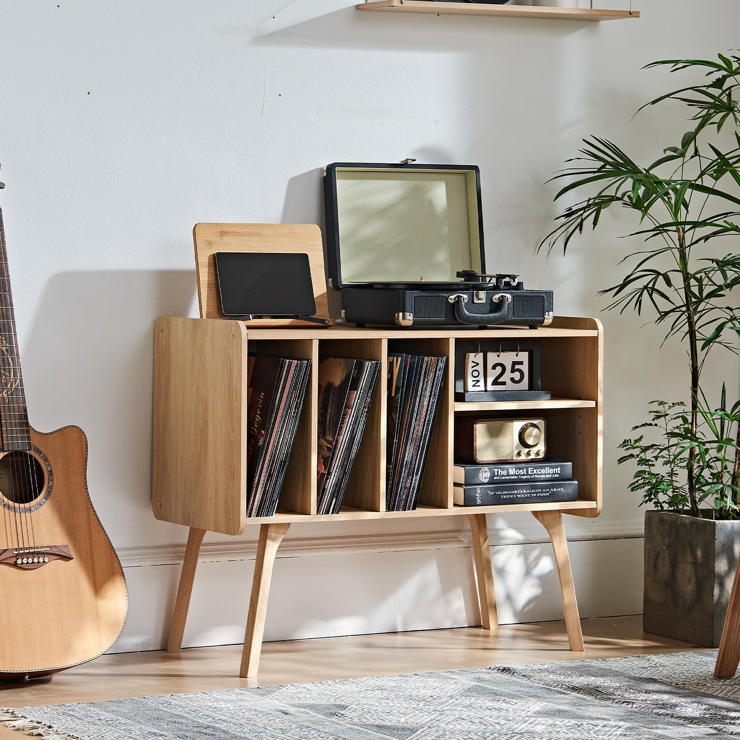 LELELINKY Record Player Stand, 4 Compartments, Holds Up to 220 Records
