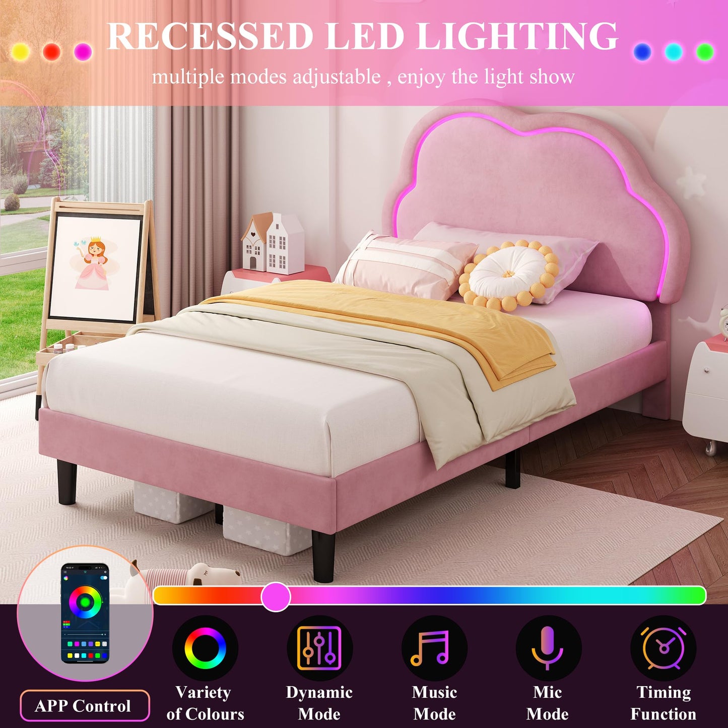 Ball & Cast 3ft Single Upholstered Bed with LED Adjustable Cute Cloud Headboard, Soft Velvet Bed Frame with Solid Wood Slat, No Box Spring Needed