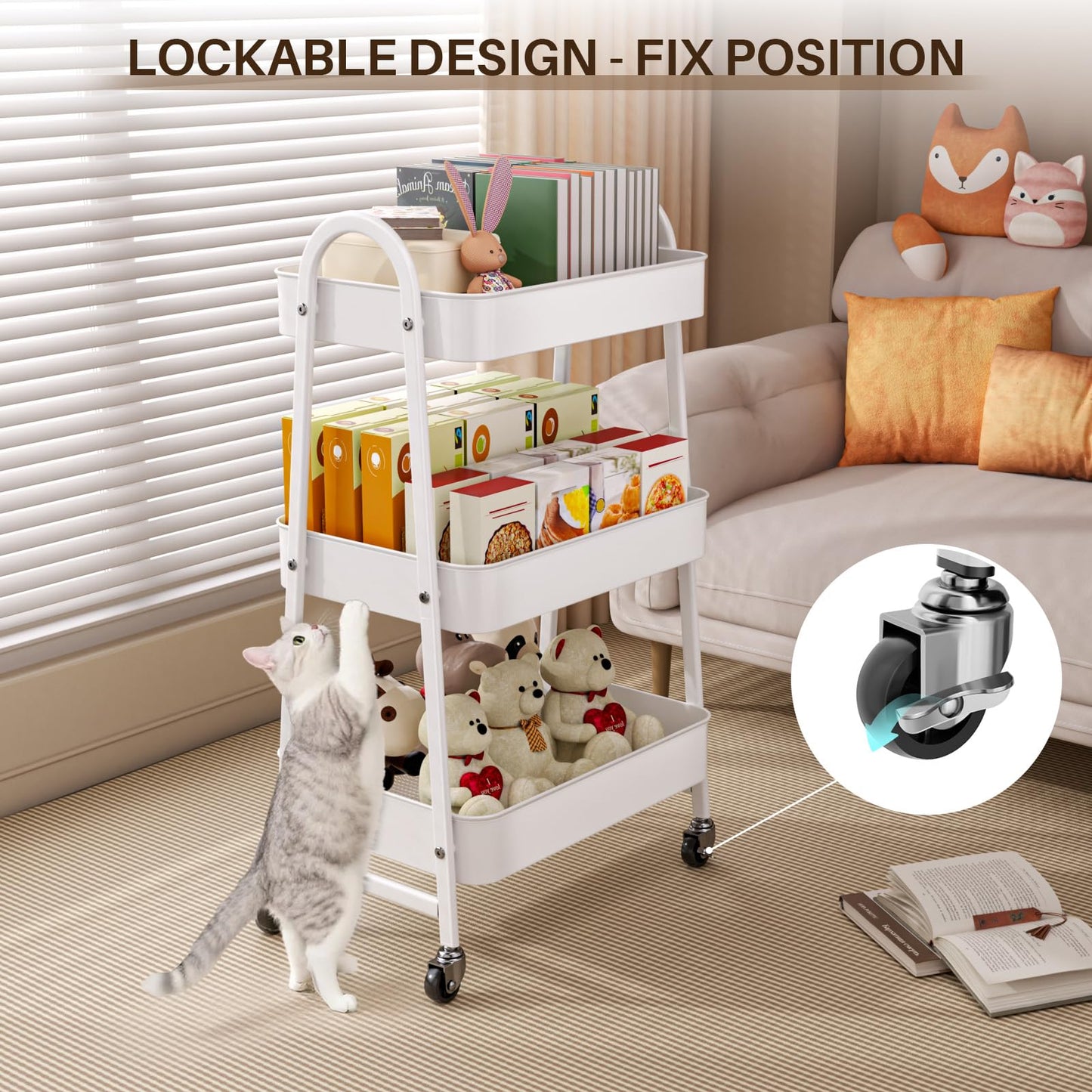 StowBin 3 Tier Metal Storage Trolley with Wheels – Rolling Utility Cart with Handle and Mesh Shelves for Kitchen, Bathroom, Office – White