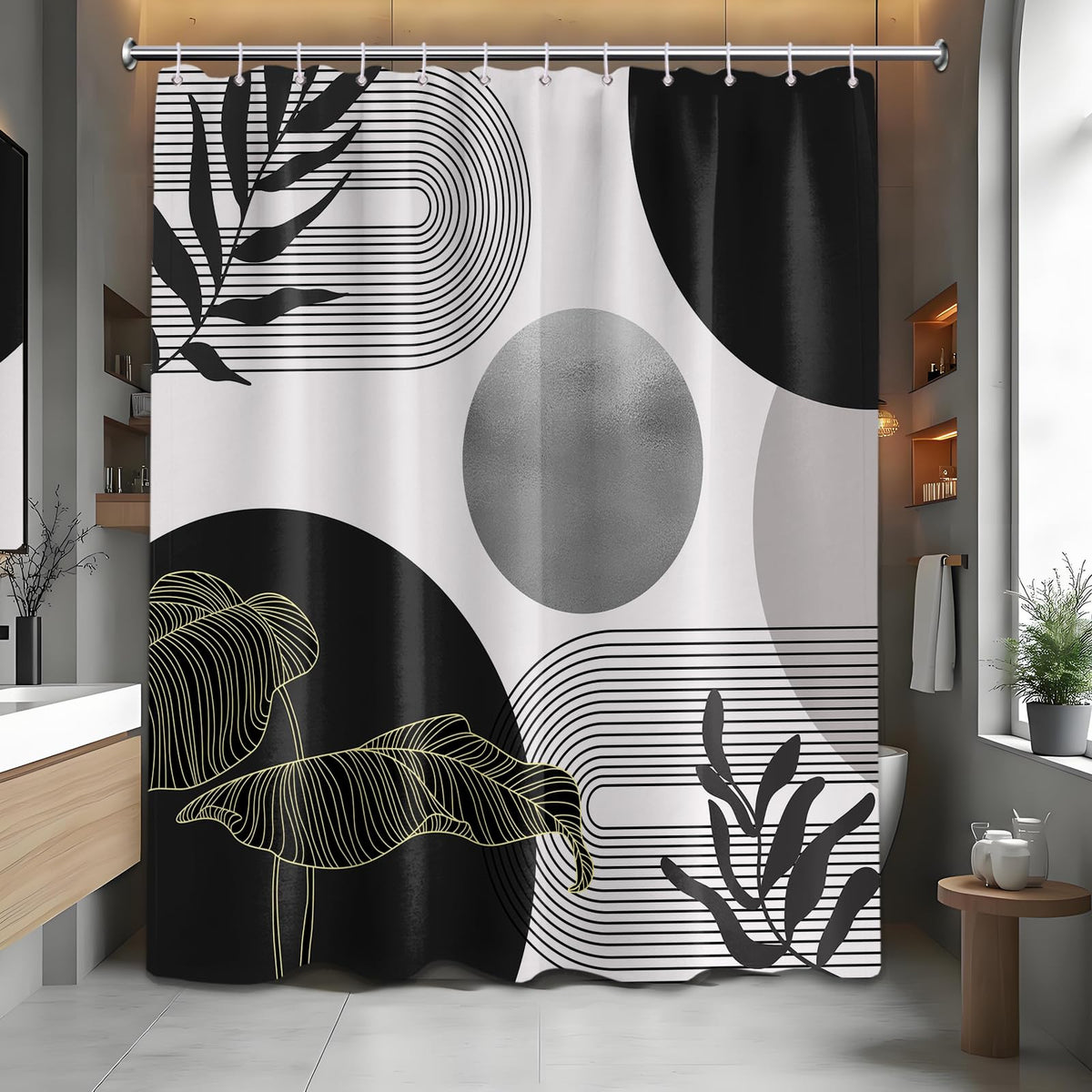LanZanthic Black and White Boho Shower Curtains for Bathroom Dark Grey Mens Mid Century Modern Wet Room Shower Curtain with hooks