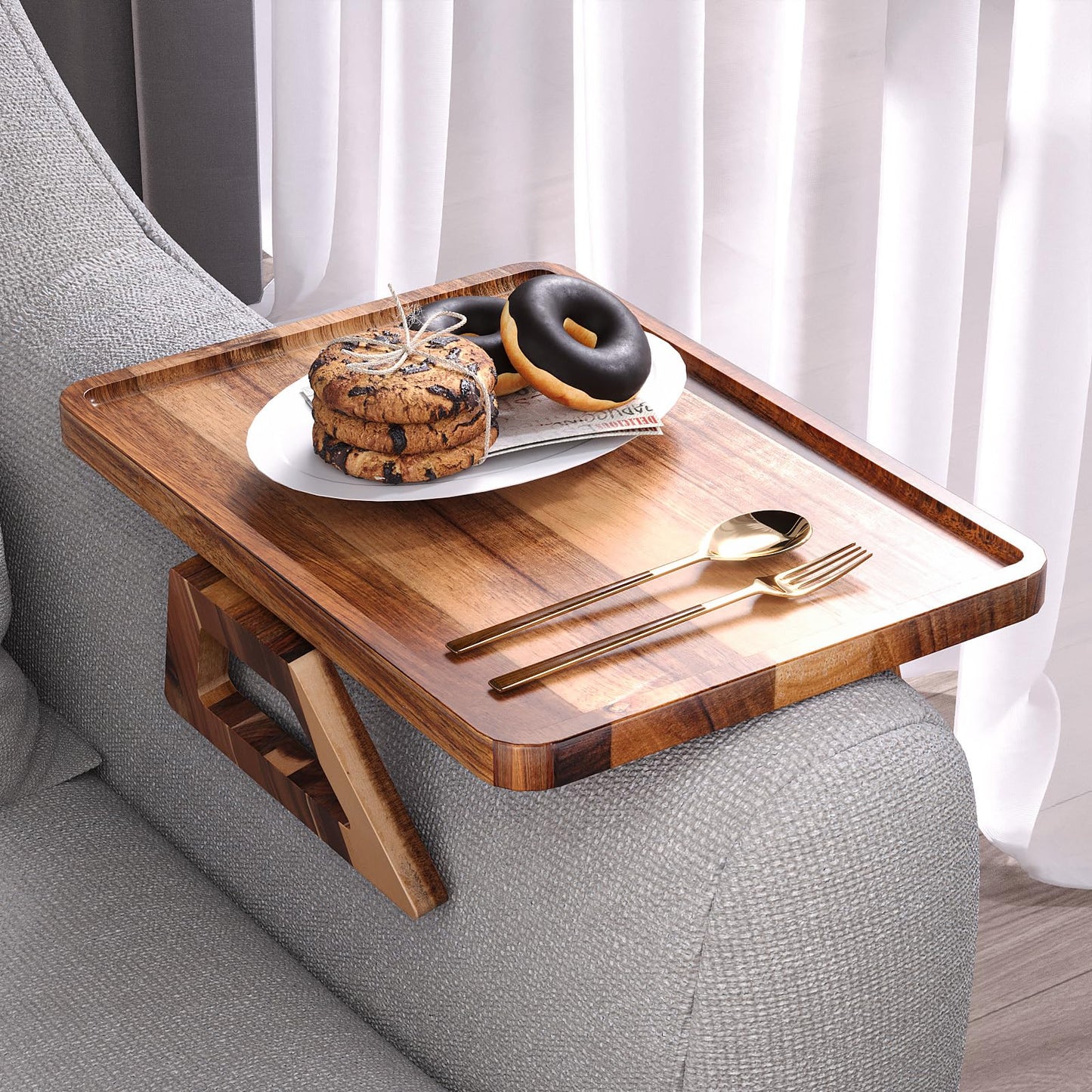 Fibogollo Acacia Wood Sofa Tray,Folding Couch Arm Tray,Sofa Armrest Trays Table Clip-On Couch Desk for Drinks,Snacks,Phone,Remote Control