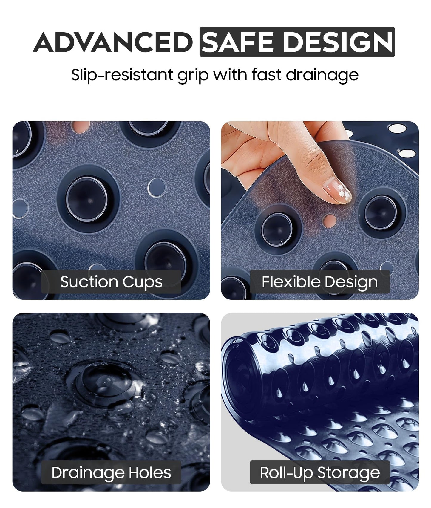 ADOV Bath Mat Non Slip, 100 x 40 cm Extra Long Shower Mat Anti Mould, Bathroom Bathtub Mats for Tub, 200 Strong Suction Cups and Drain Holes