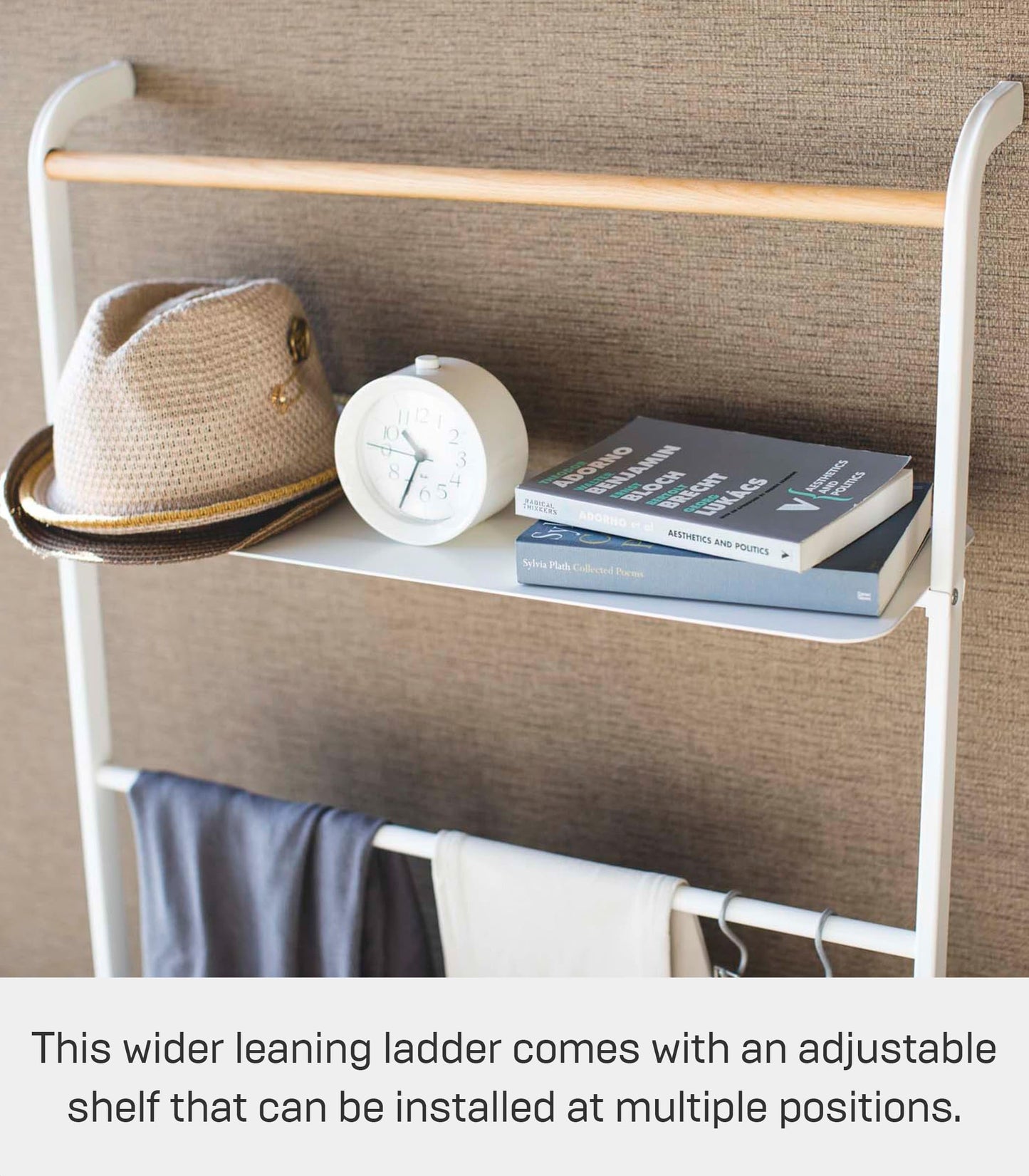 Yamazaki 3871 TOWER Ladder Hanger with Shelf, White, Steel/Wood, Minimalist Design, 66 x 30～38 x 160 cm (LxWxH)