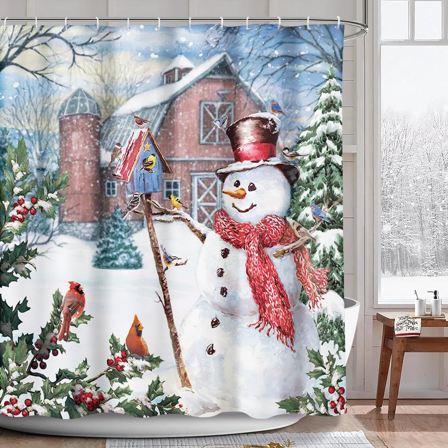 AIBIIN Christmas Shower Curtain Set with 12 Hooks Winter Outdoor Snowman Snowflake Snow Pine Tree Bathroom Curtain Durable Waterproof Fabric Home