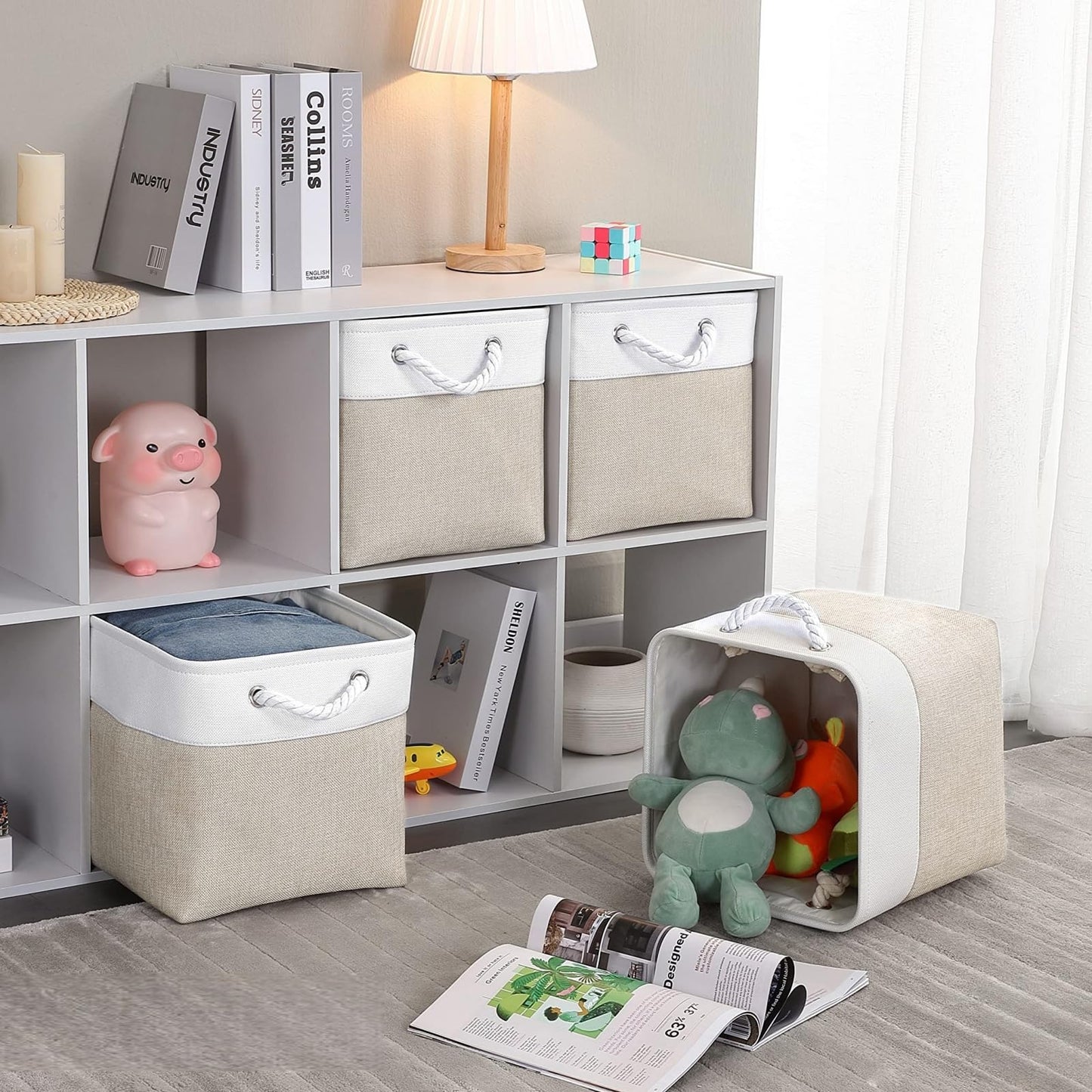 Mangata Fabric Storage Boxes, 25x25x25cm Cube Storage Boxes for Organizing Clothes Shelf Nursery Home Closet(Light Beige/White, Set of 3)